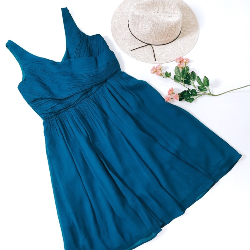 J.Crew Dark Teal Blue Silk Fit and Flare Dress - Picture 9 of 9